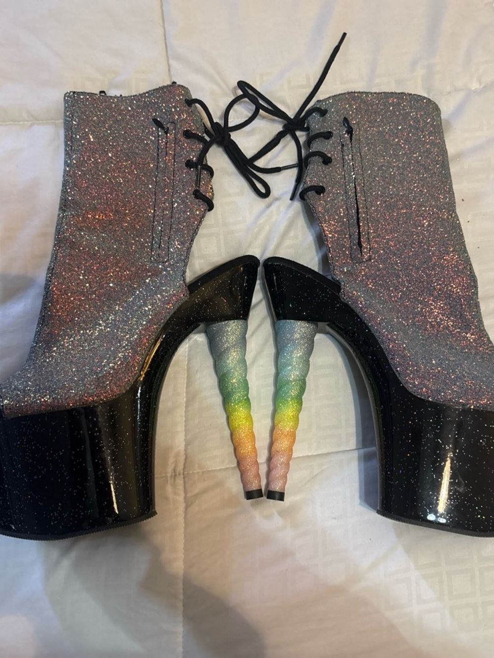 Pleaser Glitter Lace-Up Platform Booties with Rainbow Twist Heels - Pink Silver